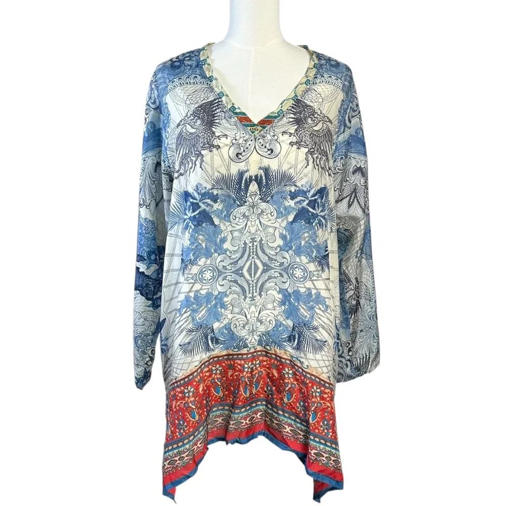 Johnny Was Bohemian Art to Wear Currency Print Silk Tunic Top Size Medium - Picture 1 of 17
